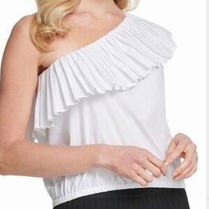 𝅺DKNY one shoulder ruffle cropped white top size XL nwt